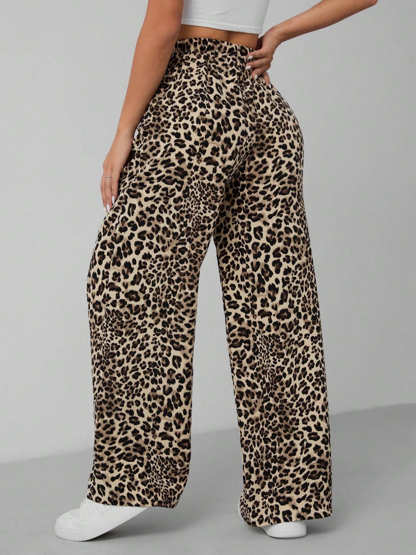 Women's Leopard Print Tie Front Pocket Wide Leg Pants, Casual Comfy Straight Leg Trousers for Daily Wear, Ladies Bottoms for All Seasons, Womenswear, Casual Chic Trousers