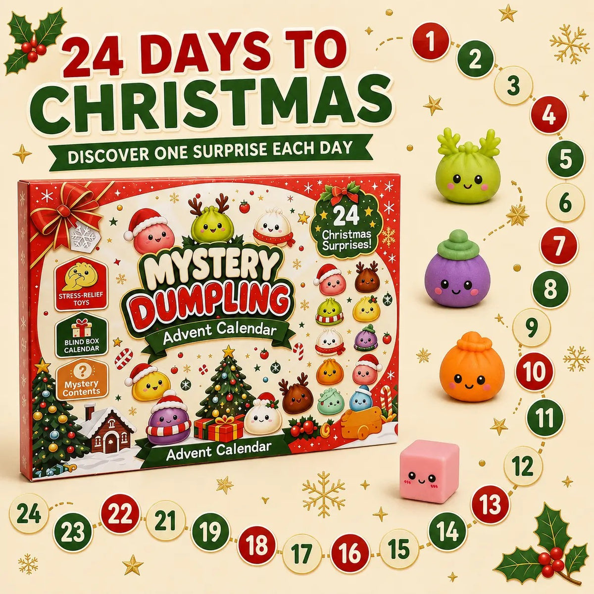Christmas Mini Squishies Advent Calendar 2026, 24-Day Holiday Countdown Fidget Stress Relief Set, Cute Dumpling Squeeze Figures for Indoor Recreation, Stocking Stuffers, Xmas Party Favors, Small Surprise Gifts for Kids Teens Adults,sohochic