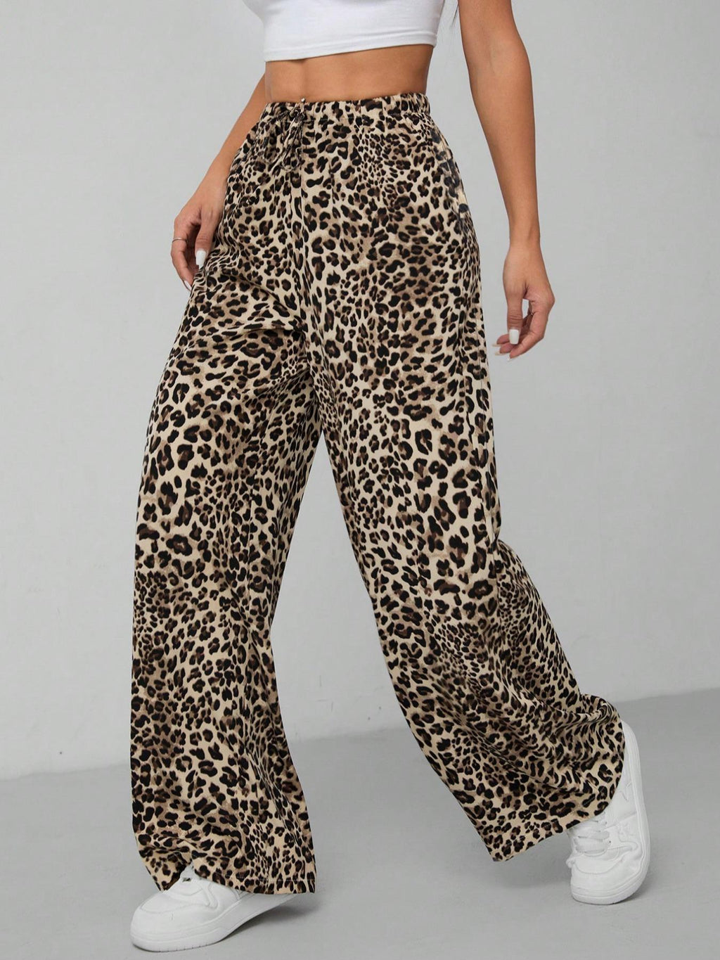 Women's Leopard Print Tie Front Pocket Wide Leg Pants, Casual Comfy Straight Leg Trousers for Daily Wear, Ladies Bottoms for All Seasons, Womenswear, Casual Chic Trousers