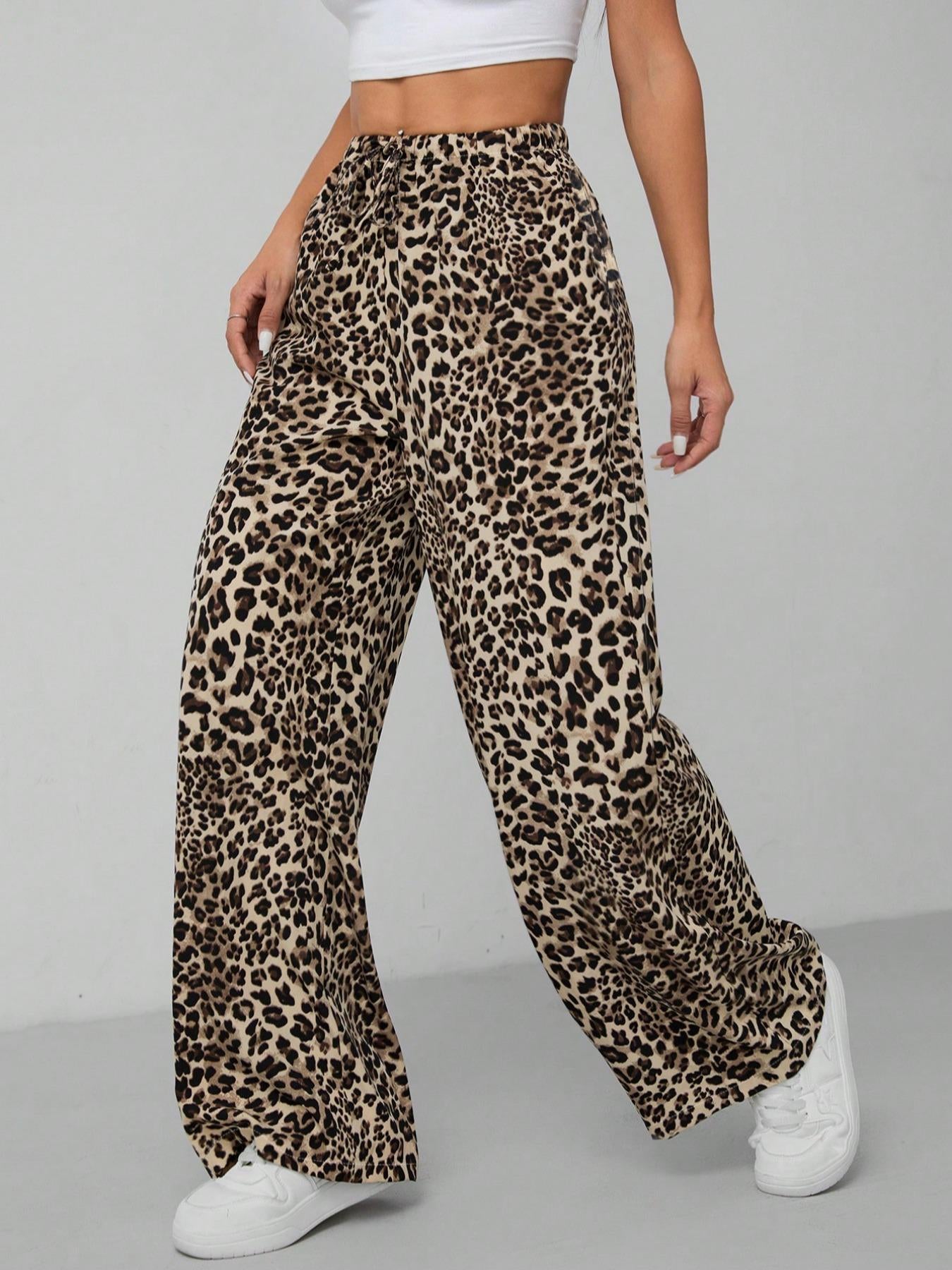 Women's Leopard Print Tie Front Pocket Wide Leg Pants, Casual Comfy Straight Leg Trousers for Daily Wear, Ladies Bottoms for All Seasons, Womenswear, Casual Chic Trousers
