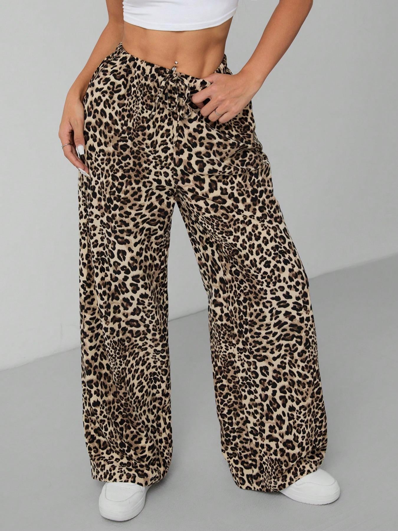 Women's Leopard Print Tie Front Pocket Wide Leg Pants, Casual Comfy Straight Leg Trousers for Daily Wear, Ladies Bottoms for All Seasons, Womenswear, Casual Chic Trousers
