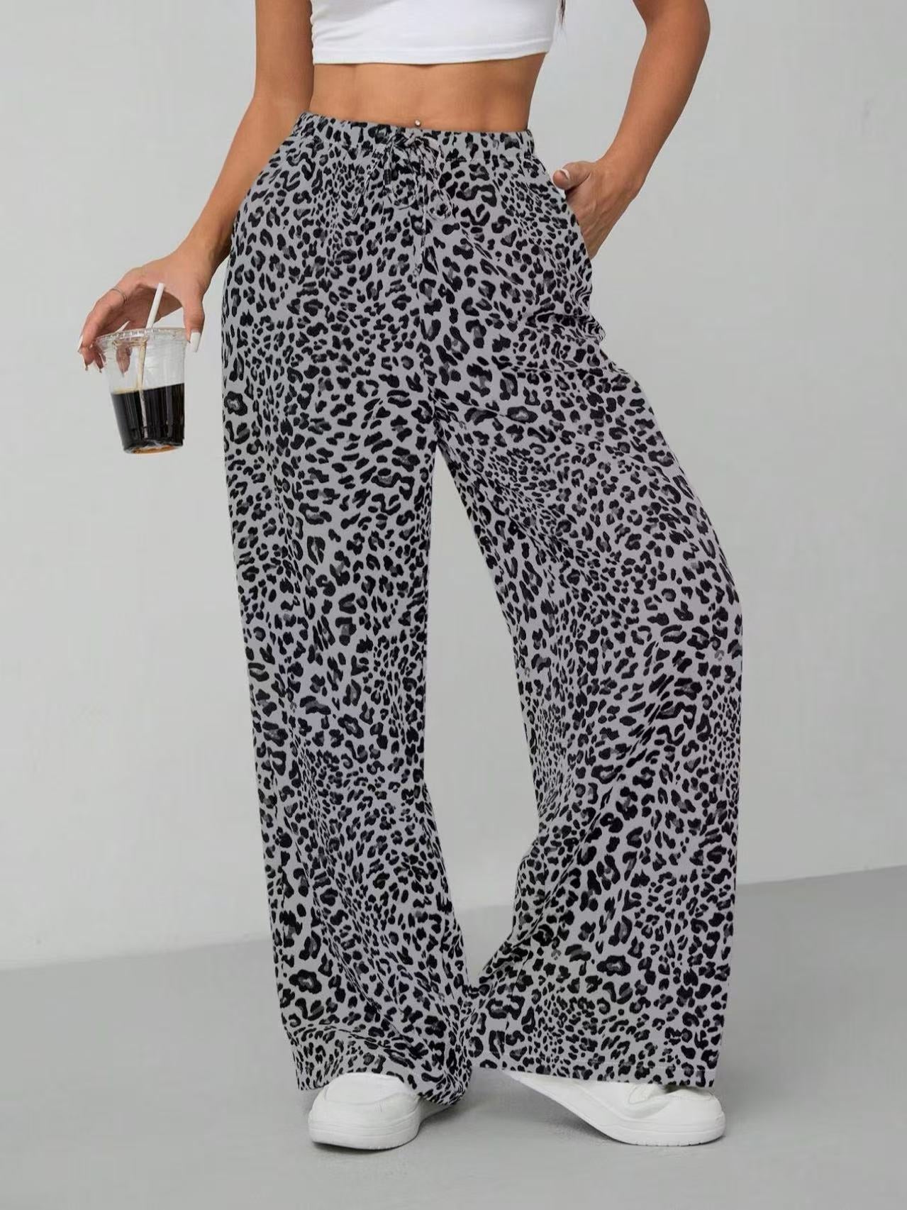 Women's Leopard Print Tie Front Pocket Wide Leg Pants, Casual Comfy Straight Leg Trousers for Daily Wear, Ladies Bottoms for All Seasons, Womenswear, Casual Chic Trousers