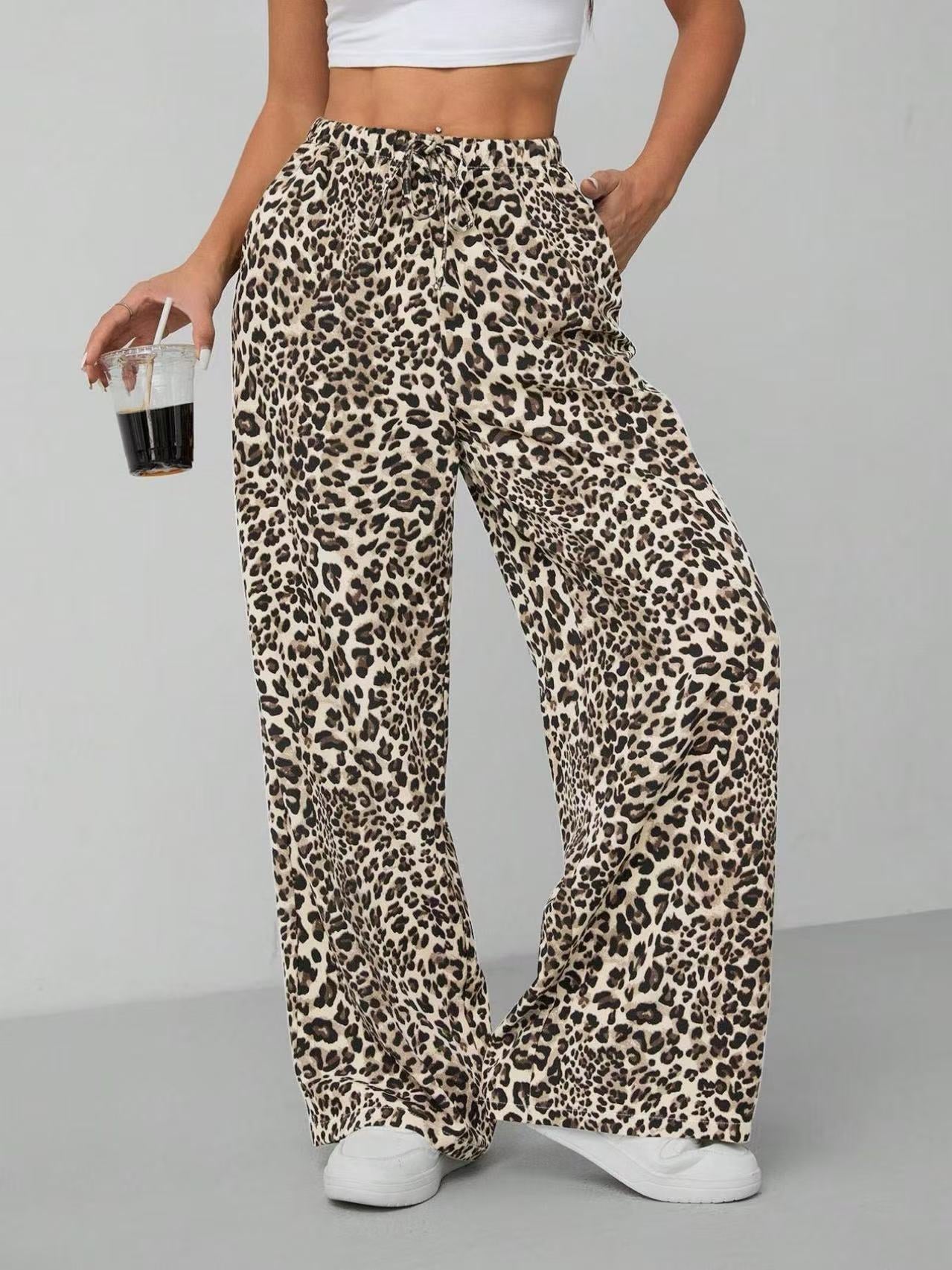 Women's Leopard Print Tie Front Pocket Wide Leg Pants, Casual Comfy Straight Leg Trousers for Daily Wear, Ladies Bottoms for All Seasons, Womenswear, Casual Chic Trousers