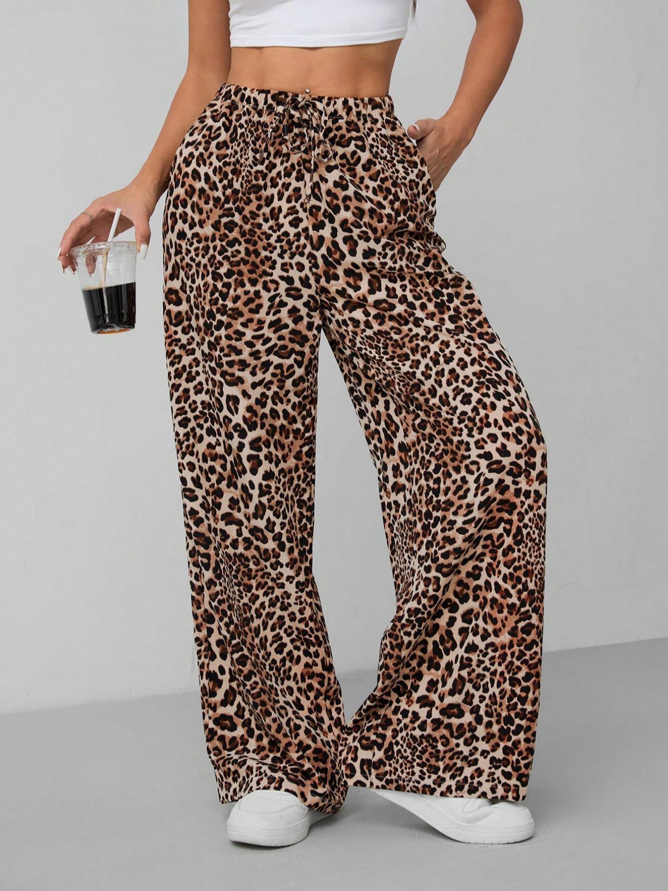 Women's Leopard Print Tie Front Pocket Wide Leg Pants, Casual Comfy Straight Leg Trousers for Daily Wear, Ladies Bottoms for All Seasons, Womenswear, Casual Chic Trousers